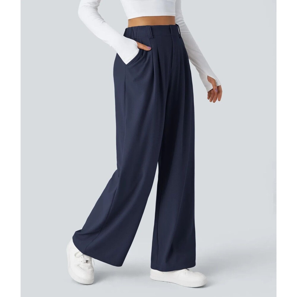 HALARA Flex High Rise Pocket Wide Leg Waffle Work Pant S Mood Indigo NWT A2
